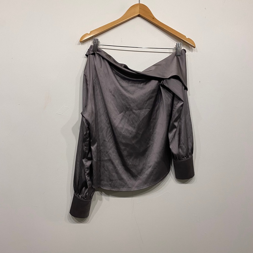 Heartloom Keely One Shoulder Top Charcoal Grey Satin Asymmetrical Blouse XS
